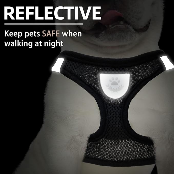 PUPTECK Adjustable Dog Harness Collar and Leash Set Step in No Pull Pet Harness for Small Medium Dogs Puppy and Cats Outdoor Walking Running, Soft Mesh Padded Reflective Vest Harnesses, Solid Black L