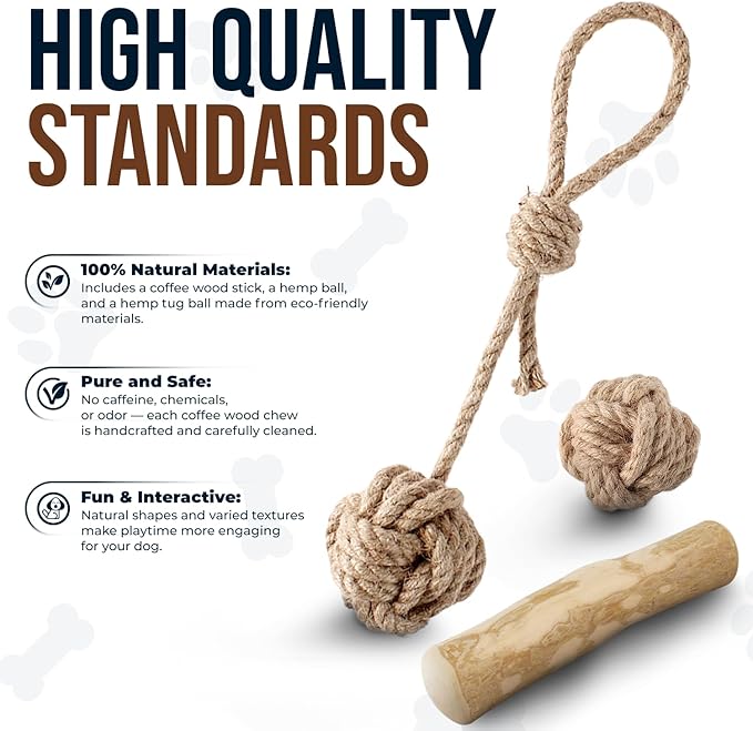 3Pcs Natural Coffee Wood Dog Chew and Hemp Ball Toys for Large & XL Dog Over 70lbs - 100% Organic Toys for Teeth Cleaning, Reduces Stress, Mental Stimulation