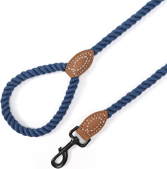 Mile High Life Dog Leash, Braided Cotton Rope Leashes with Leather Tailor Tip with Leather Tip - Heavy Duty Metal Clasp, 6FT, 1/2" Thick - Wedding, Walking Leash for Medium Large Dogs(Navy)