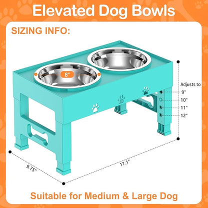 LAKIPETN Elevated Dog Bowls with 2 Stainless Steel Bowls, Raised Dog Food Bowl Stand 5 Height Adjustable (3.1", 9", 10", 11", 12") Non-Slip Feeder Set for Medium and Large Dogs - Turquoise