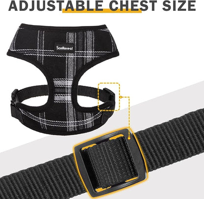 SCENEREAL No Pull Dog Harness Collar and Leash Set Small Medium Sized Dog, Soft Mesh Step in Puppy Harnesses, No Chock Plaid Adjustable Pet Vest for Outdoor Walking Training and Running, Black M