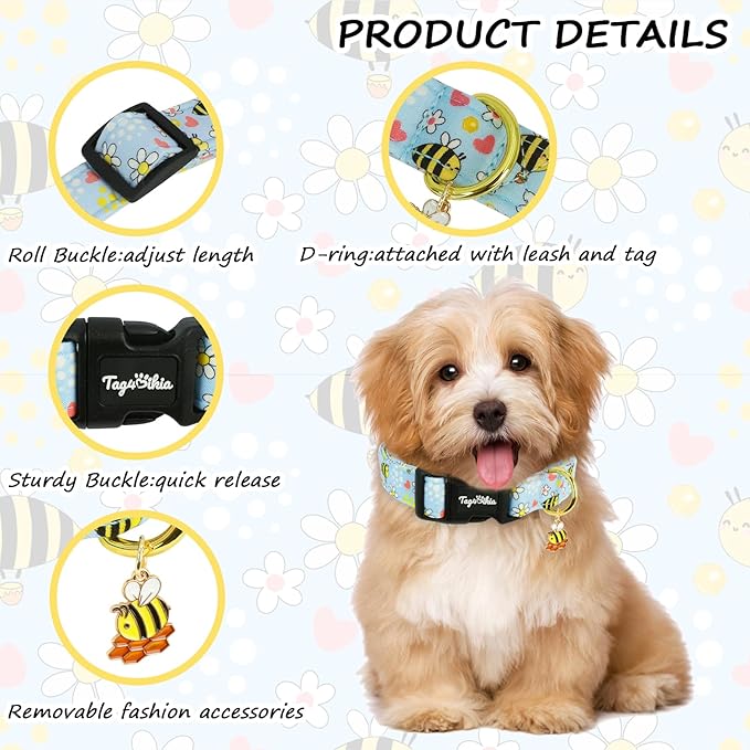 Dog Collar with Bees & Flowers Pattern, Spring Summer Collection Blue Dog Collar with Exquisite Pendant, Durable Adjustable Collars for Gifts & Daily Use-S