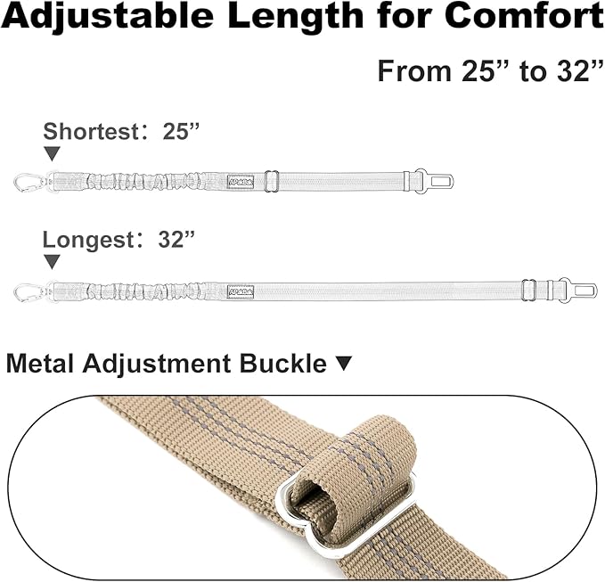 Dog Seat Belt for Car, Adjustable Dog Car Harness Seatbelt for Small Medium Large Dogs, Heavy Duty Travel Safety Restraint with Locking Aluminum Hook & Reflective Nylon Strap, Beige