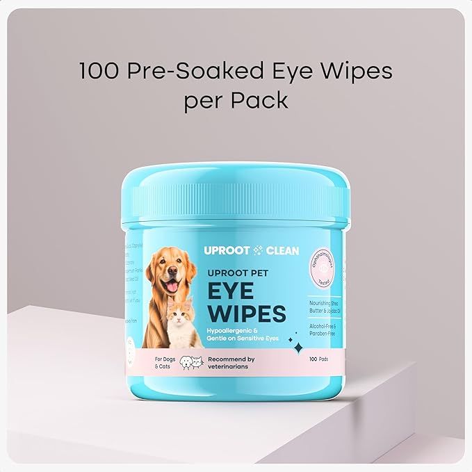 Uproot Clean Cat & Dog Eye Wipes: Hypoallergenic Eye Wipes for Dogs (100ct.) - Gentle & Cleansing Tear Stain Remover for Dogs - Reduce Discharge, Tear Stain Deep Clean Wrinkles Cats