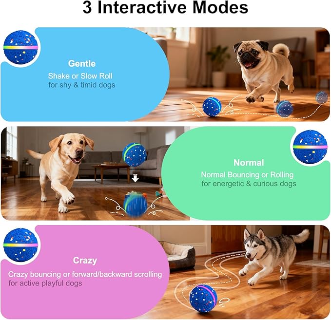 JEISOTHB Interactive Dog Toys Dog Ball, Durable E-TPU Material,3 Play Modes with Colorful Lights, Automatic Moving, Bouncing and Rotating for Medium and Large Dogs Indoor & Outdoor (Blue)