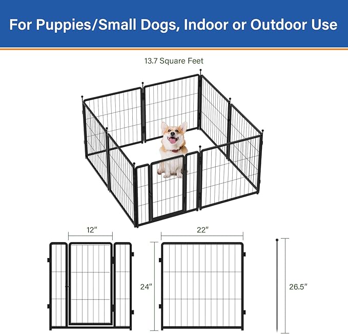 PETREEK Dog Playpen 24 inch 8 Panels for Indoor & Outdoor Use – Heavy-Duty Metal Pet Fence with Ground Stakes, Rounded Ball Tops for Safety, Stable & Foldable Design, Easy to Assemble