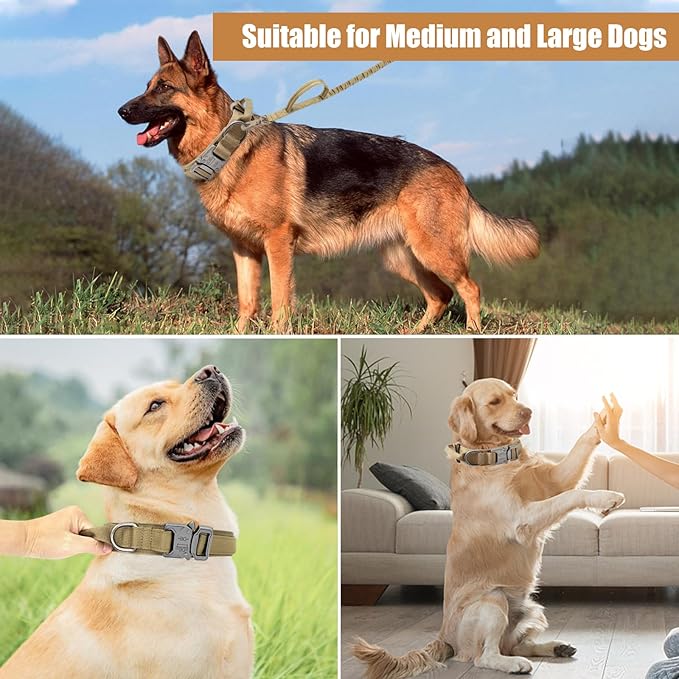 Tactical Dog Collar Leash Set, Adjustable Military Training Nylon Collar Dog Training with Control Handleand Metal Buckle, Dog Collar for Medium Large Dogs (Brown,XL)