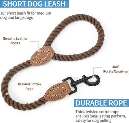 Mile High Life Short Dog Leash, Braided Cotton Rope Leashes with Leather Tip - Heavy Duty Metal Clasp, 18IN, 1/2" Thick - Wedding, Walking & Training Leash for Medium Large Dogs