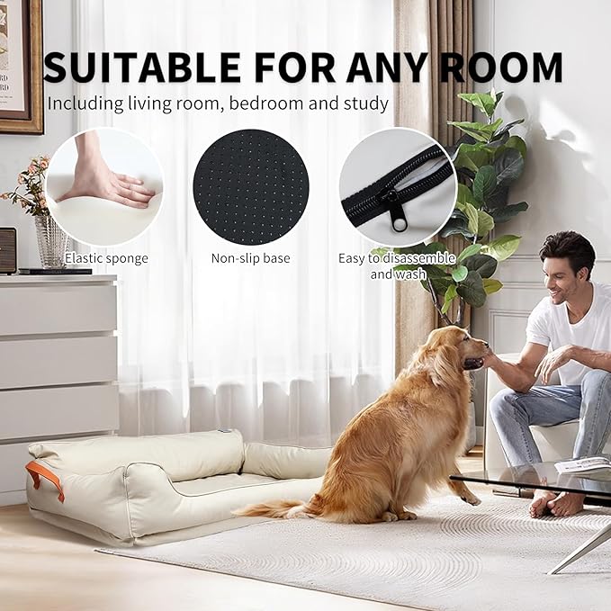 Removable Orthopedic Dog Beds for Large Dogs, Leather Memory Foam Dog Sofa Bed, Waterproof Durable Dogs Bed Couch with Non Skid Bottom for All Pet Sizes (Beige, Medium)