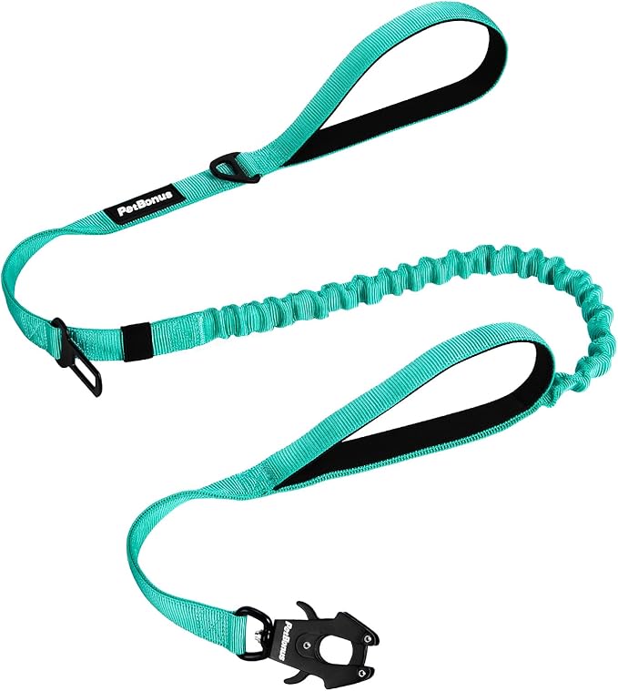 PetBonus Heavy Duty Tactical Dog Leash, 5 FT Bungee Shock Absorption Leash with 2 Padded Handles, Quick Release Metal Clip, Car Seatbelt, No Pull Training Lead for Large Medium Dogs（Turquoise）