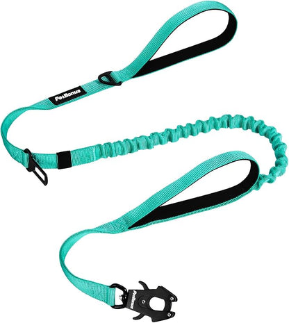 PetBonus Heavy Duty Tactical Dog Leash, 5 FT Bungee Shock Absorption Leash with 2 Padded Handles, Quick Release Metal Clip, Car Seatbelt, No Pull Training Lead for Large Medium Dogs（Turquoise）