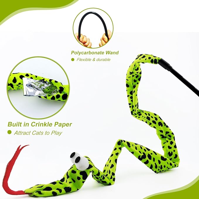 URMYONLY Interactive Cat Toy Wand with Catnip Mouse, Cat Teaser Wand Rainbow String for Bored Indoor Adult Cats and Kittens (3 Pack Snake)