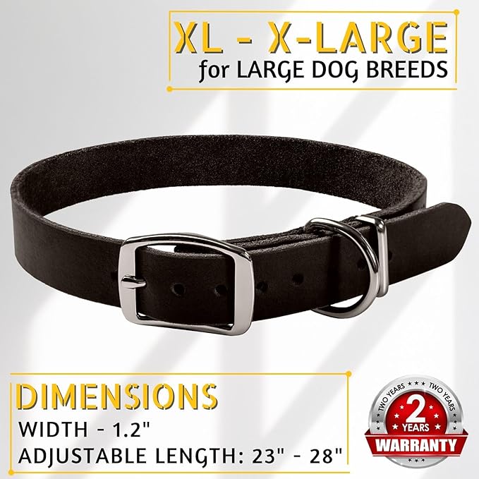 ADITYNA Black XL Leather Dog Collar for Extra-Large Dogs - Classic, Soft, Strong, Heavy Duty, Handmade Top-Grain Leather - for Walking, Training, and Hiking