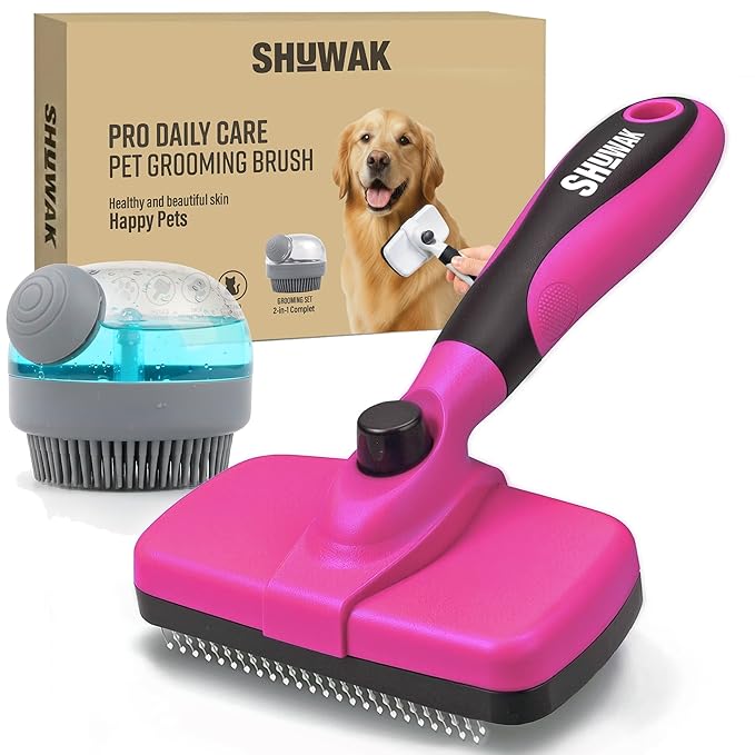 Grooming Duo, 2-in-1 Pet Brush Set with Retractable Self-Cleaning Brush and Silicone Bath Brush for Dogs and Cats (PINK)