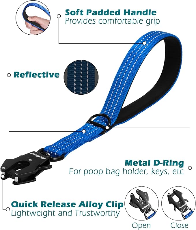 PetBonus Heavy Duty Short Dog Leash, 12 Inch Nylon Traffic Leash with Quick Release Clip, Comfortable Padded Handle, Reflective Training Lead for Medium Large Dogs (Dark Blue, 12")