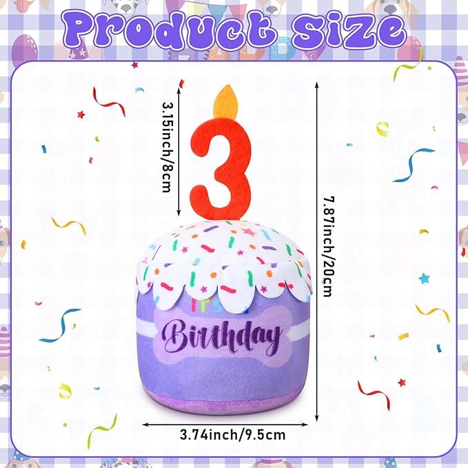 Dog 3rd Birthday Cake Toy Accessories for Girl Boy Gifts, Purple Squeaky Plush Toy for Dog Birthday Party Decor Favor for Large, Medium and Small Dogs