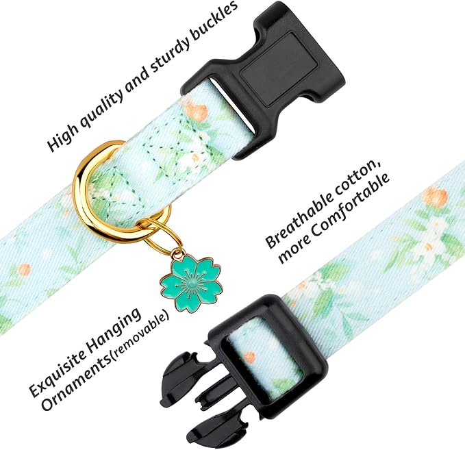 Cotton Handmade Dog Collar Cute and Distinctive Patterns Light Green Flower with Pendant for Girl Boy Dogs Collars L
