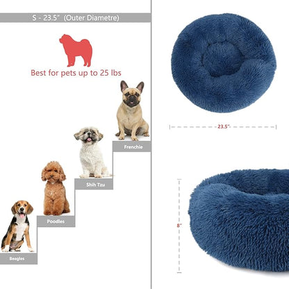 Calming Donut Dogs Beds for Small Dogs Washable,23inch Plush Round Pet Bed for Cozy Sleep,Fluffy Faux Fur Large Cat Bed,Fits up to 25 lbs Pets,Navy Blue