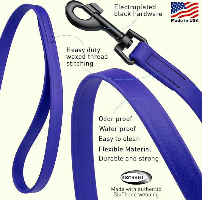 Dogline Biothane Waterproof Dog Leash Strong Coated Nylon Webbing with Black Hardware Odor-Proof Easy to Clean High Performance for Small or Large Dogs Made in USA 4 or 6 ft Lead, Blueberry Royal