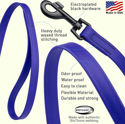 Dogline Biothane Waterproof Dog Leash Strong Coated Nylon Webbing with Black Hardware Odor-Proof Easy to Clean High Performance for Small or Large Dogs Made in USA 4 or 6 ft Lead, Blueberry Royal