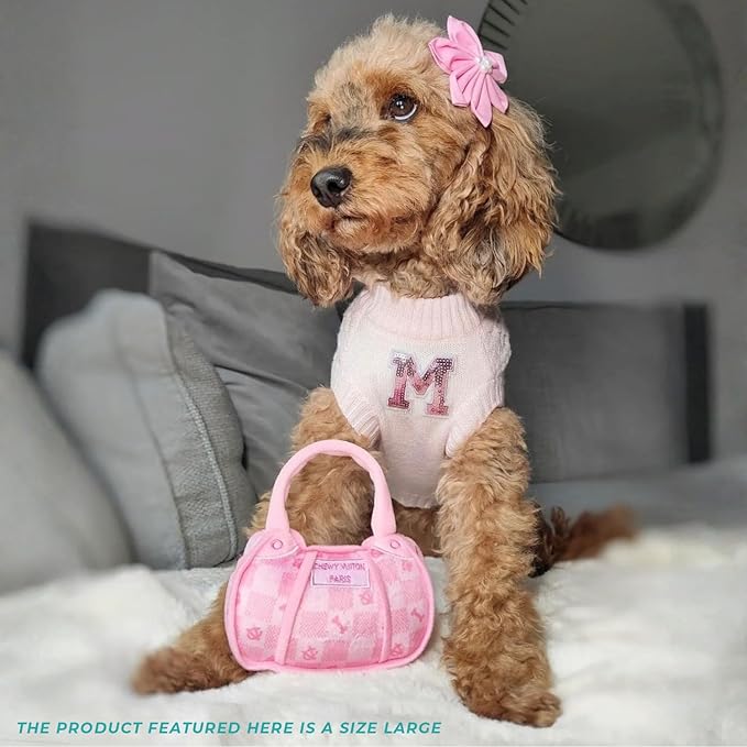 Haute Diggity Dog Pink Checker Chewy Vuiton Handbag, Plush Designer Dog Toys with Interactive Squeaker, Stimulating Pet Enrichment, Machine-Washable & Safe Materials for All Breeds, Size Large