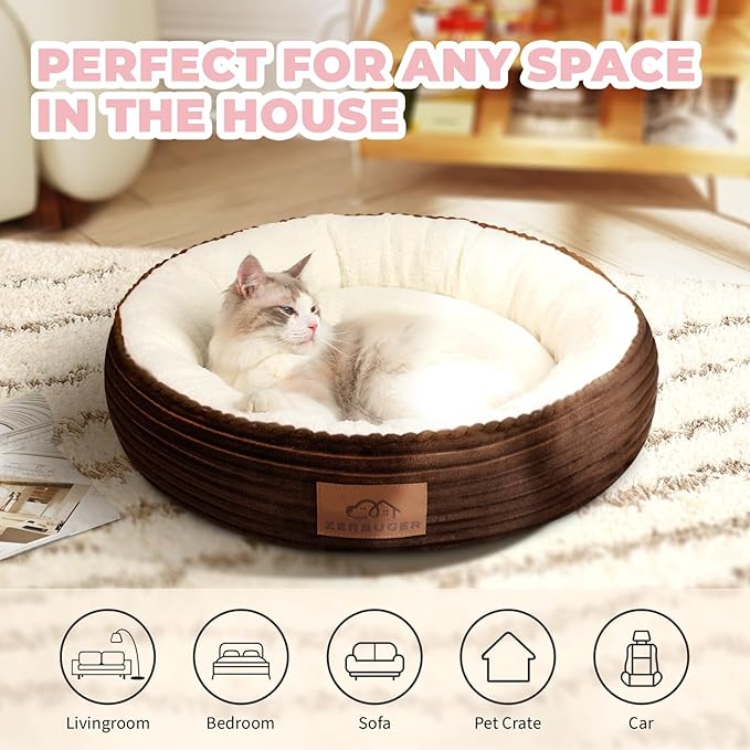 Zerbuger 23in Round Cat Dog Bed for Large Medium Small Dogs Cats, Machine Washable Sleeping Sofa, Non-Slip Bottom Breathable Soft Calming Pet Cuddler for Indoor/Outdoor/Car/Cage, Brown