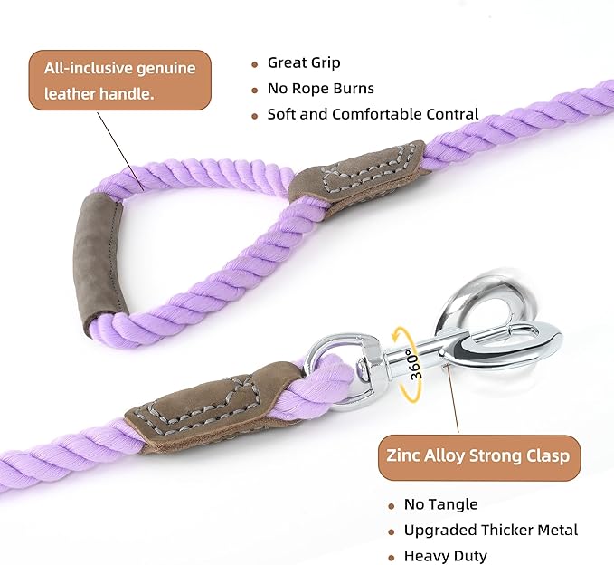 Mile High Life Dog Leash, Braided Cotton Rope Leashes with Leather Handle - Heavy Duty Metal Clasp, 6FT, 1/2" Thick - Wedding, Walking & Training Leash for Small Medium Large Dogs (Purple)