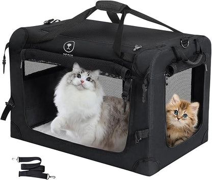 PEGIC Extra Large Cat Carrier for Car Travel, Pegic Soft Sided Collapsible Pet Carrier for Outdoor and Indoor Uses, Roomy Cat Carrier for 2 Kittens, Large Cat or Puppies Up to 50lbs (Black)