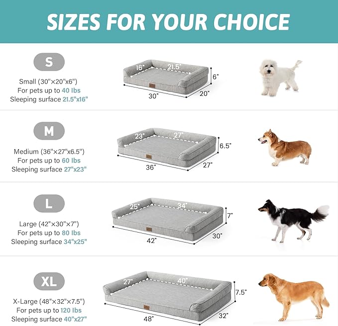 COZY KISS Cooling Dog Bed, Orthopedic Foam Dog Bed with Sides, Removable Cover & Waterproof Lining and Nonskid Bottom, Comfortable Pet Beds for Extra Large Dogs, Grey (48" L x 32" W x 7.5" Th)