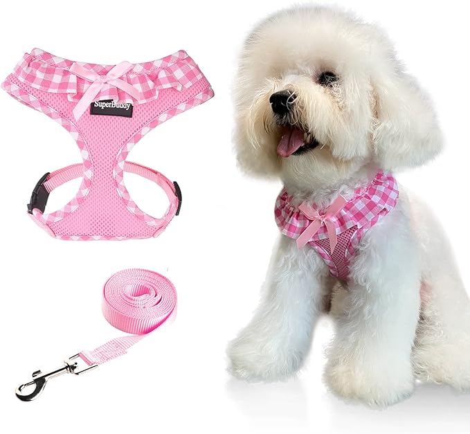 SuperBuddy Upgraded Soft Mesh Dog Harness, Super Breathable Lightweight Pet Harnesses for Puppy Dogs Outdoor Walking, Pink Dog Harness and Dog Leash Set Packing -XSmall