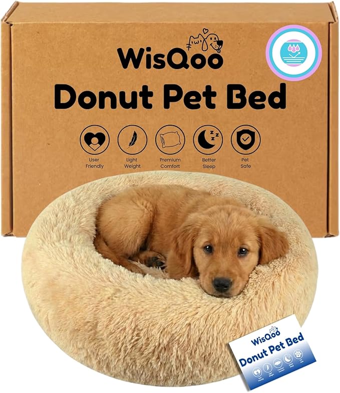 WisQoo Calming Donut Pet Bed – Plush & Supportive Round Bed with Extra Filling for Comfort – Removable Cover & Water-Resistant Liner – Cozy, Fluffy Nest for Dogs & Cats (Beige, 30" L x 30" W x 9”Th)