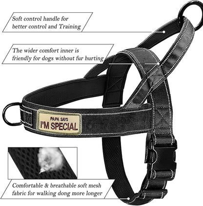 No Pull Dog Harness Black for Small Medium Large Sized Dog, Reflective Escape Proof Adjustable Dog Harnesses with 2 Patch, XL