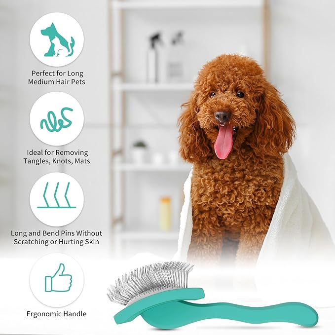Slicker Brush for Dogs, Large Dog Brush to Long Haired Dogs for Goldendoodles Poodles Doodles Bernedoodles, Long Pin Grooming Kits to Dematting & Reducing Tangles and Fluff, Green