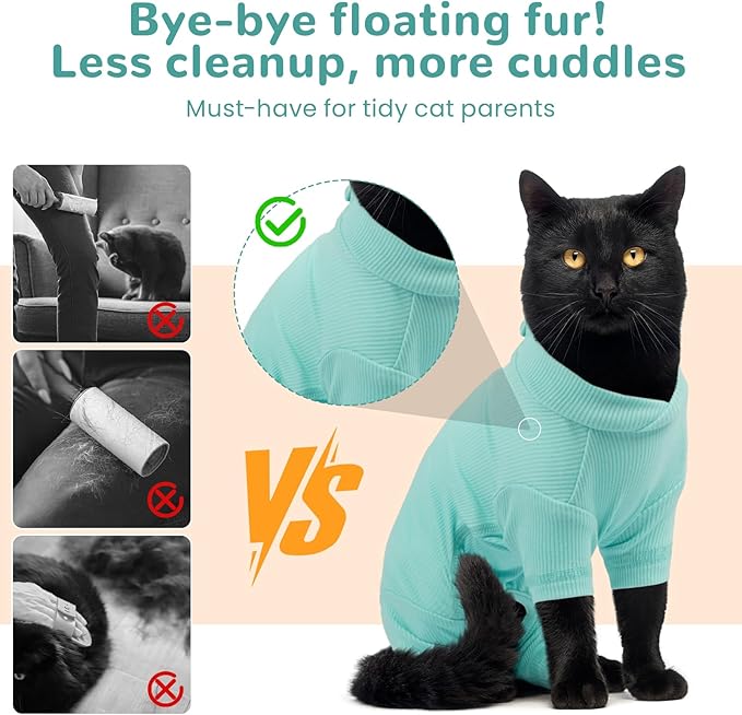 Yternal Sticky Hair Cat Clothes, Breathable & Lightweight, Reduces Shedding Fur Pajamas, Full Body Long Sleeve Surgical Bodysuit, Stop Licking & Shedding Blue S