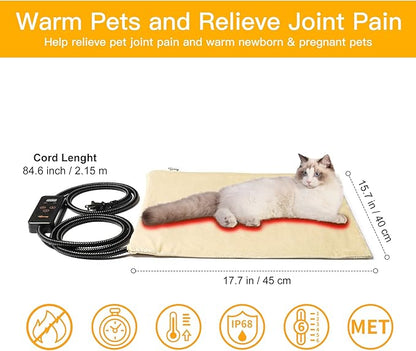 Toozey Pet Heating Pad, 6 Adjustable Temperature Heated Cat Bed with Timer, Waterproof Electric Heated Mat for Dogs and Cats, Chew Resistant Cord, Safe Indoor Use, 18x16in