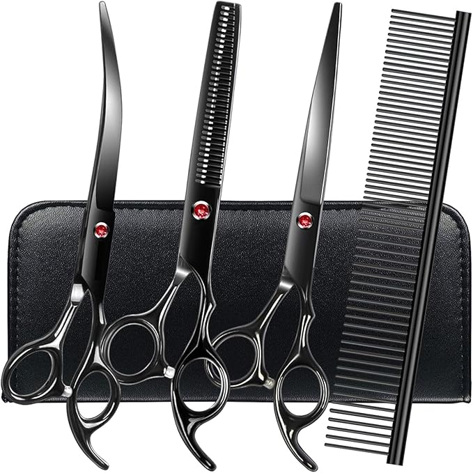 FAIGEO Professional Dog Grooming Scissors Set Stainless Steel Dog Grooming Kit - Thinning, Curved Scissors and Comb for Cat Pet (Black 5 in1)