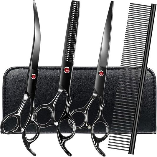 FAIGEO Professional Dog Grooming Scissors Set Stainless Steel Dog Grooming Kit - Thinning, Curved Scissors and Comb for Cat Pet (Black 5 in1)