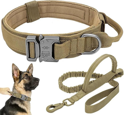 Tactical Dog Collar Leash Set, Adjustable Military Training Nylon Collar Dog Training with Control Handleand Metal Buckle, Dog Collar for Medium Large Dogs (Brown,L)