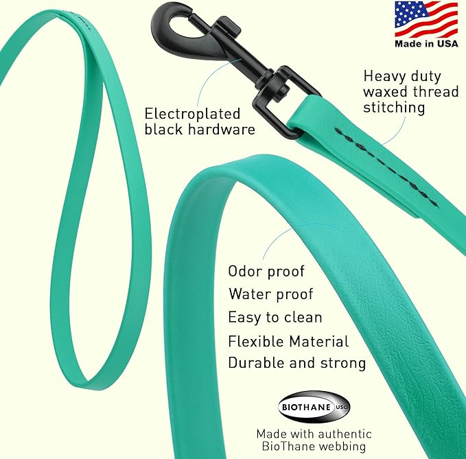 Dogline Biothane Waterproof Dog Leash Strong Coated Nylon Webbing with Black Hardware Odor-Proof Easy to Clean High Performance for Small or Large Dogs Made in USA 4 or 6 ft Lead, Teal
