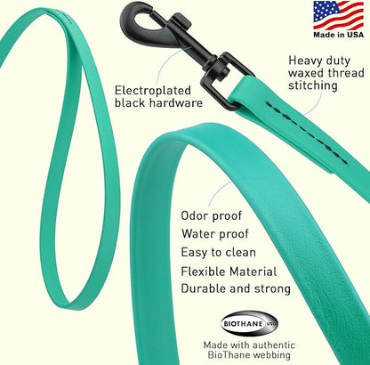 Dogline Biothane Waterproof Dog Leash Strong Coated Nylon Webbing with Black Hardware Odor-Proof Easy to Clean High Performance for Small or Large Dogs Made in USA 4 or 6 ft Lead, Teal