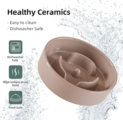 Ceramic 0.9 Cup Raised Dog Slow Feeder Set, Elevated Bowl with Wooden Stand for Small Dog and Cat, 6.1inch Puzzle Slow Dog Food Dish, Preventing Choking(Brown Coffee, Single Bowl+ Stand)