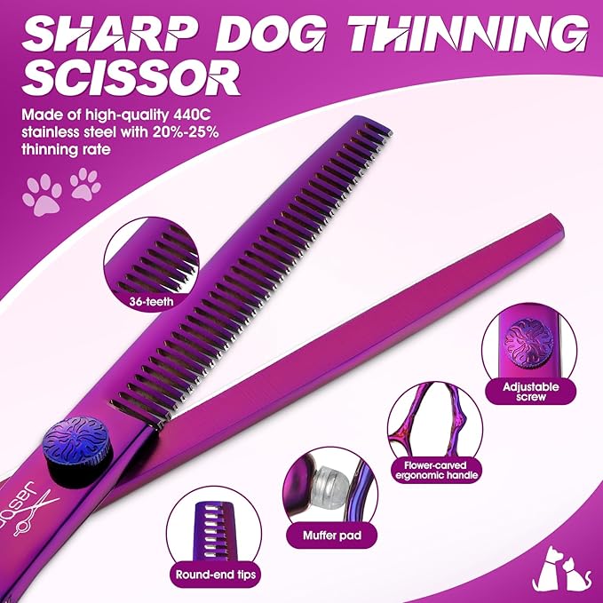 JASON Dog Grooming Scissors Set - Professional 6 in 1 Dog Shears Kit - 6.5" Thinning, 7" Straight, 7" Up-Curved, 7" Down-curved Scissors and Comb for Dog Cat Pet with Adjustable Screw (Purple) Gift
