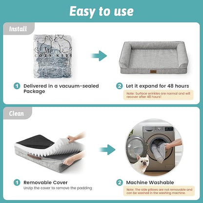 COZY KISS Cooling Dog Bed, Orthopedic Foam Dog Bed with Sides, Removable Cover & Waterproof Lining and Nonskid Bottom, Comfortable Pet Beds for Extra Large Dogs, Grey (48" L x 32" W x 7.5" Th)