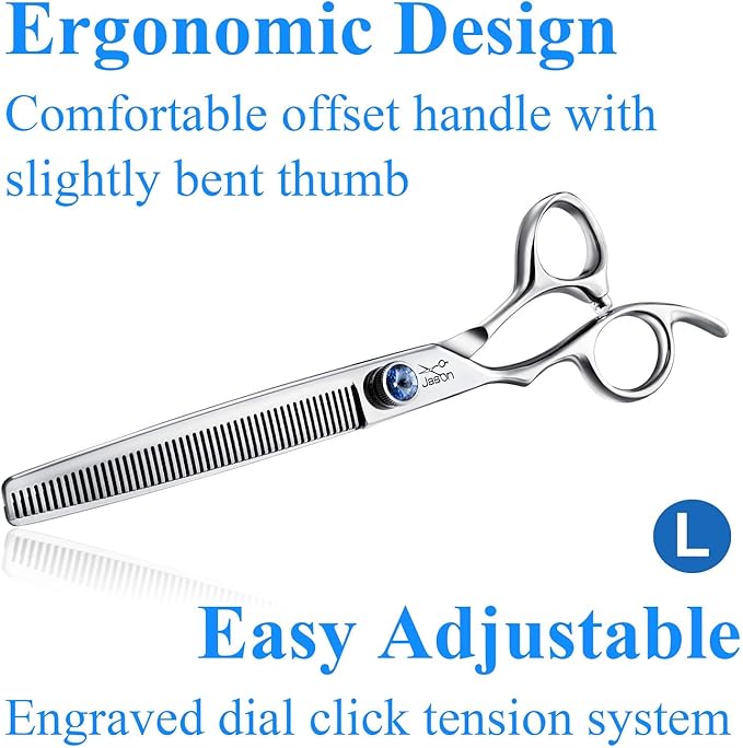 JASON Left Handed 7" 50 Teeth Blending Dog Grooming Scissor, Ergonomic Cats Grooming Thinning Shears Pets Trimming Kit with Offset Handle and a Jewelled Screw, Sharp, Comfortable Blender Christmas