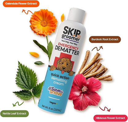 Skip The Groomer Emergency Dematter for Dogs, Quick Action Dematting Cream Dissolves Severe Mats & Knots, Reduces Pain & Breakage, Plant-Based Vegan Formula for All Coat Types, 8 oz
