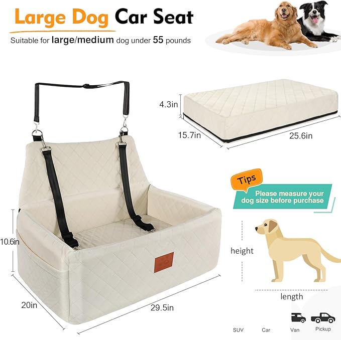 NEEZUKAR Dog Car Seat for Large Medium Dogs,Washable Pet Carseat Under 55 lbs or 2 Small Dogs,Dog Booster Seat Travel Bed with Thick Cushion,2 Safety Leashes
