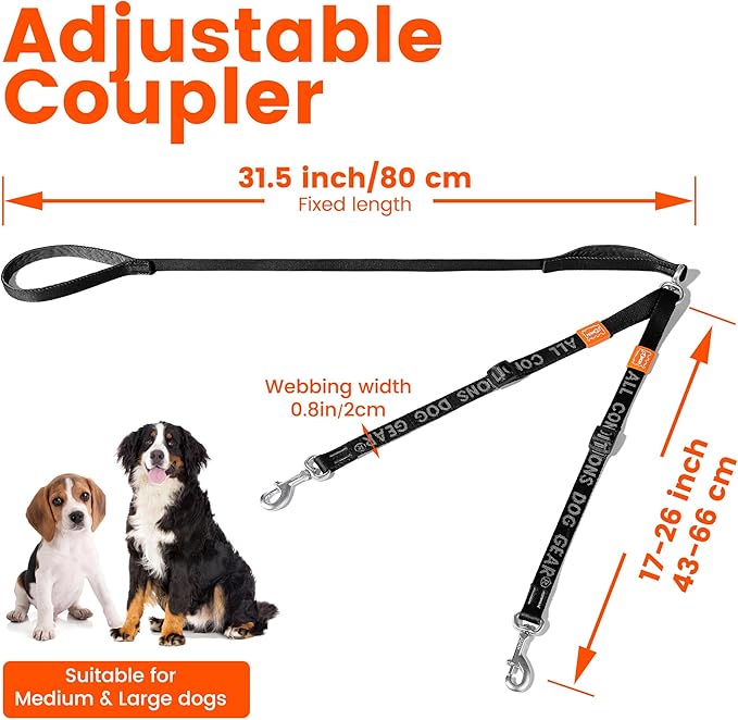 HOWGO Double Dog Leash, No Tangle 360° Swivel, Adjustable Two Padded Handles, Double Clip Dog Leash Coupler Splitter for 30~150 lbs Large and Medium Breeds (Green, 4/5'' x 4.8 FT, Ultralight)