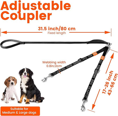 HOWGO Double Dog Leash, No Tangle 360° Swivel, Adjustable Two Padded Handles, Double Clip Dog Leash Coupler Splitter for 30~150 lbs Large and Medium Breeds (Orange, 4/5'' x 4.8 FT, Ultralight)