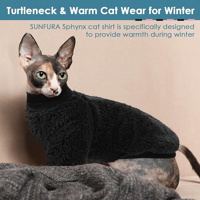 SUNFURA Sphynx Cat Sweater, Hairless Cats Turtleneck Pullover Kitten Sweaters for Cats Only, Warm and Soft Cat Pajamas Shirt with Sleeves Pet Winter Clothes Fleece Jumpsuit for Puppy, Black S