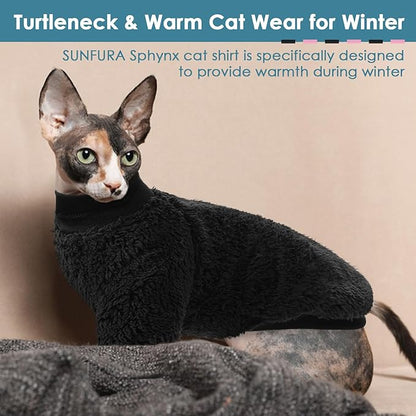 SUNFURA Sphynx Cat Sweater, Hairless Cats Turtleneck Pullover Kitten Sweaters for Cats Only, Warm and Soft Cat Pajamas Shirt with Sleeves Pet Winter Clothes Fleece Jumpsuit for Puppy, Black S